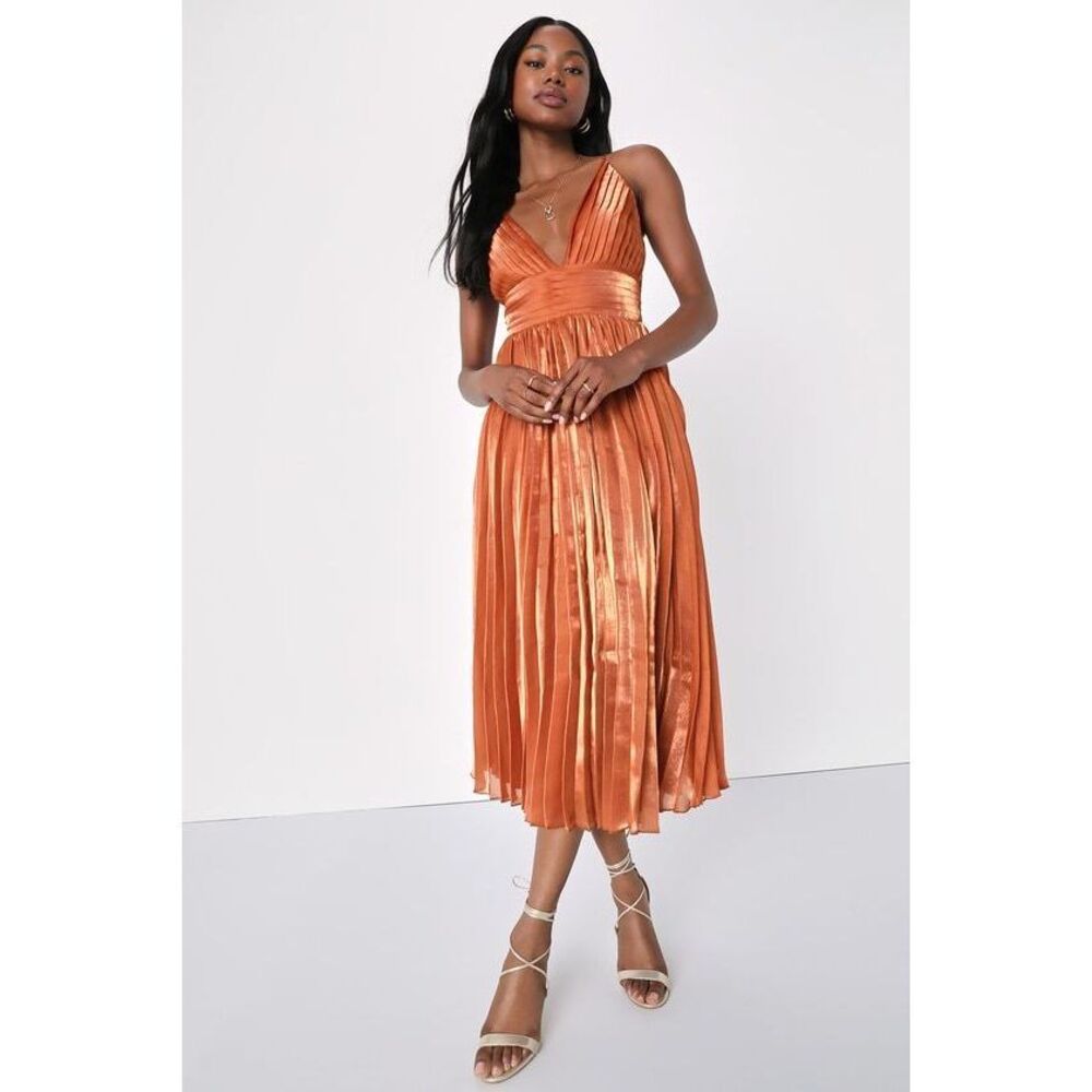 Lulus Romantic Aesthetic Shiny Rust Orange Pleated Midi Dress - Size M